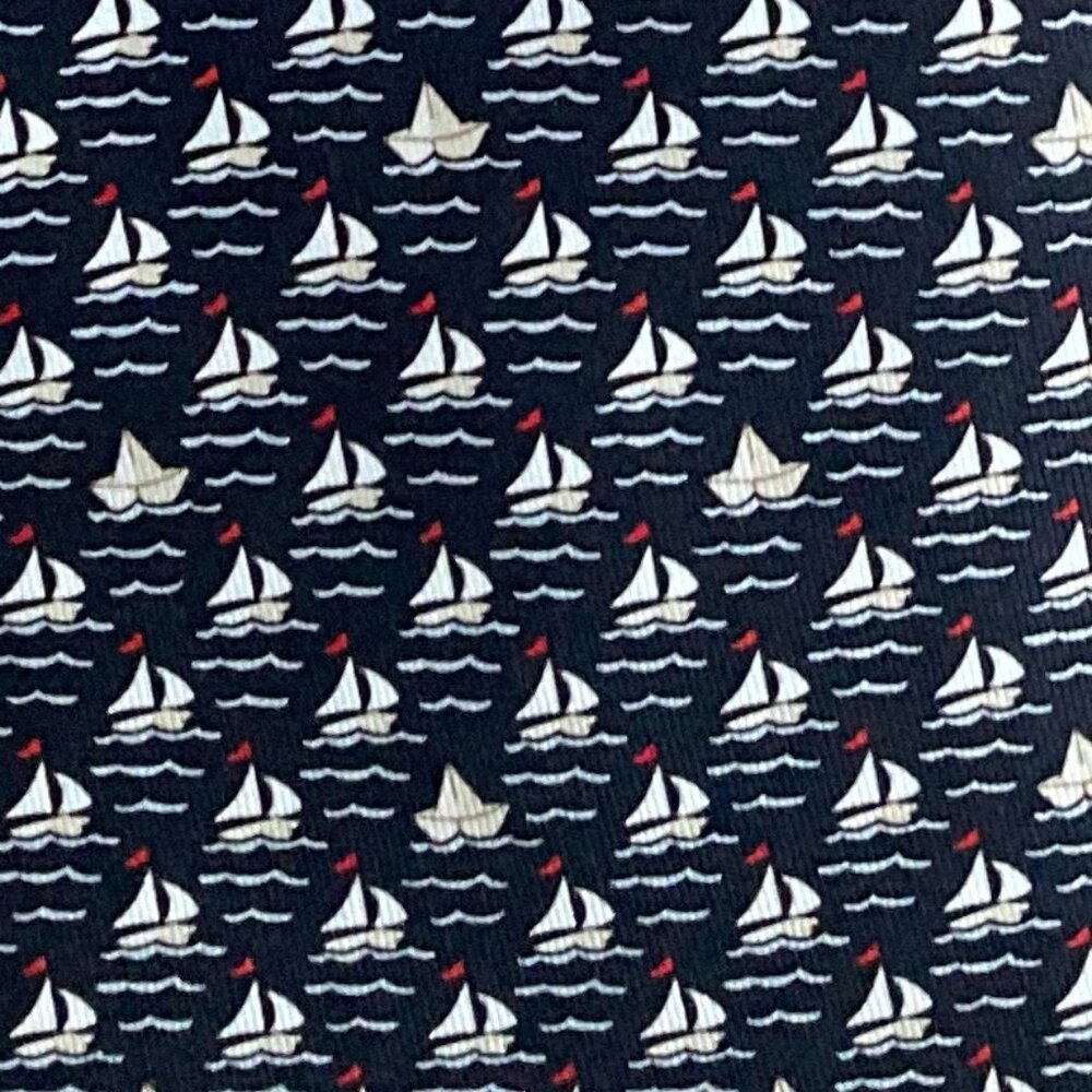 100% REAL HERMES TIE ~ BLACK w FUN WHITE SAILBOATS SAIL BOAT WAVES OCEAN XL
